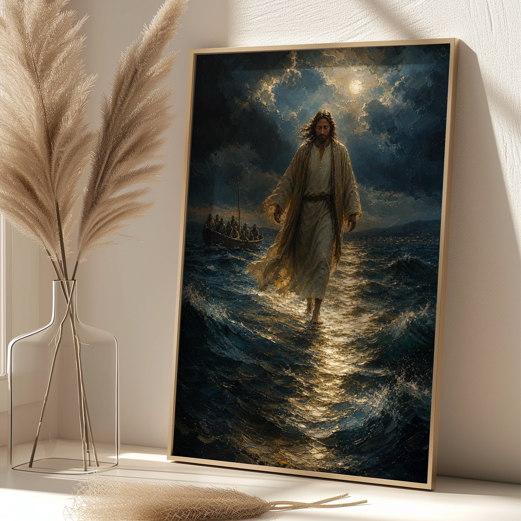 Jesus Walks on Water Poster, Biblical Miracle Wall Art, Christian Faith Print, Stormy Sea