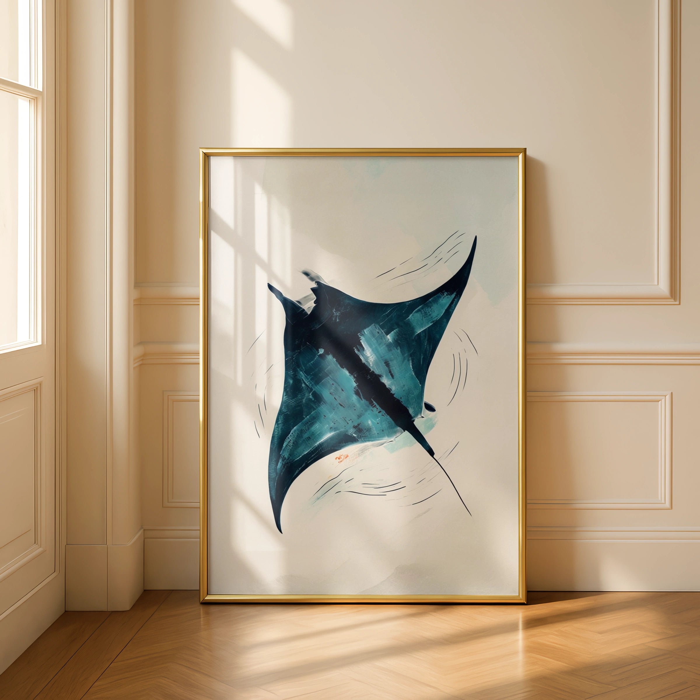 Abstract Manta Ray Poster, Ocean Wall Art, Teal Navy Blue Minimalist Print, Sea Life Decor