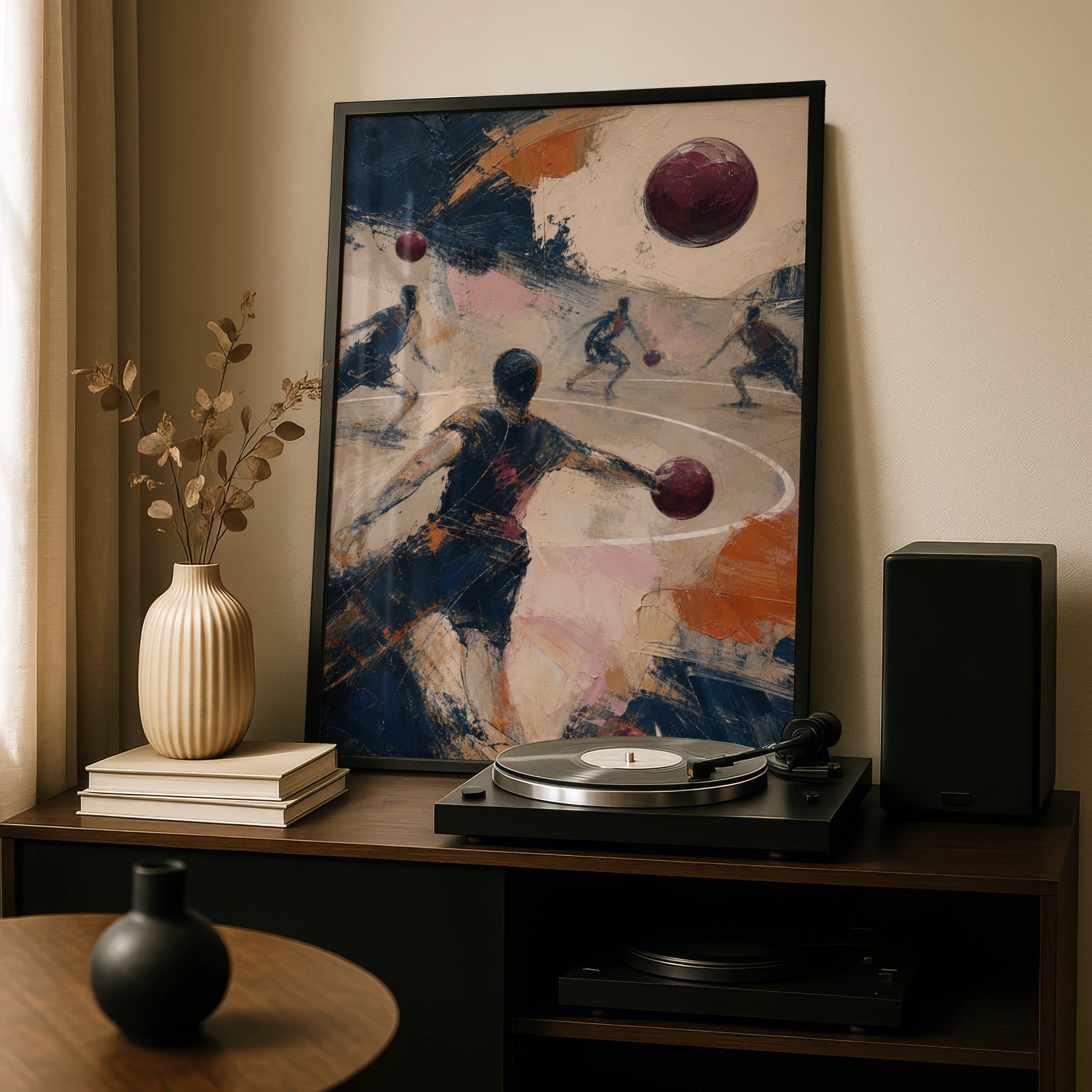 Abstract Dodgeball Art Poster, Sports Wall Art, Navy Blue Expressive Painting Print