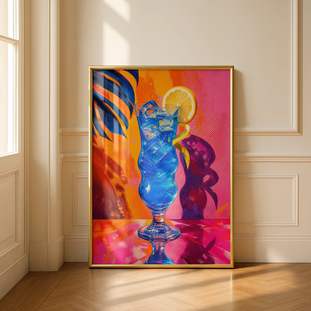 Electric Blue Cocktail Pop Art Poster, Retro Tropical Drink Wall Art, Bold Neon Bar Decor