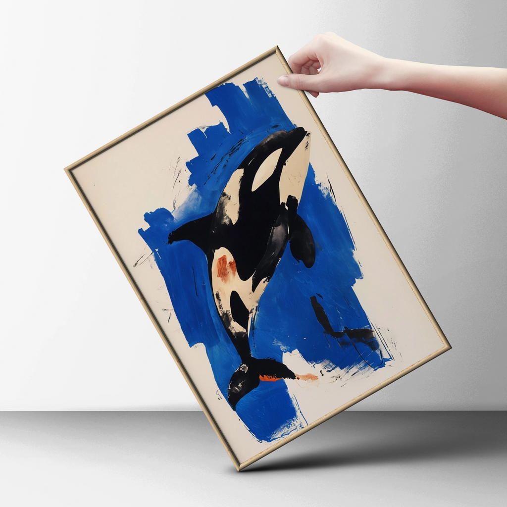 Abstract Orca Poster, Killer Whale Wall Art, Bold Blue Black Ocean Animal Print