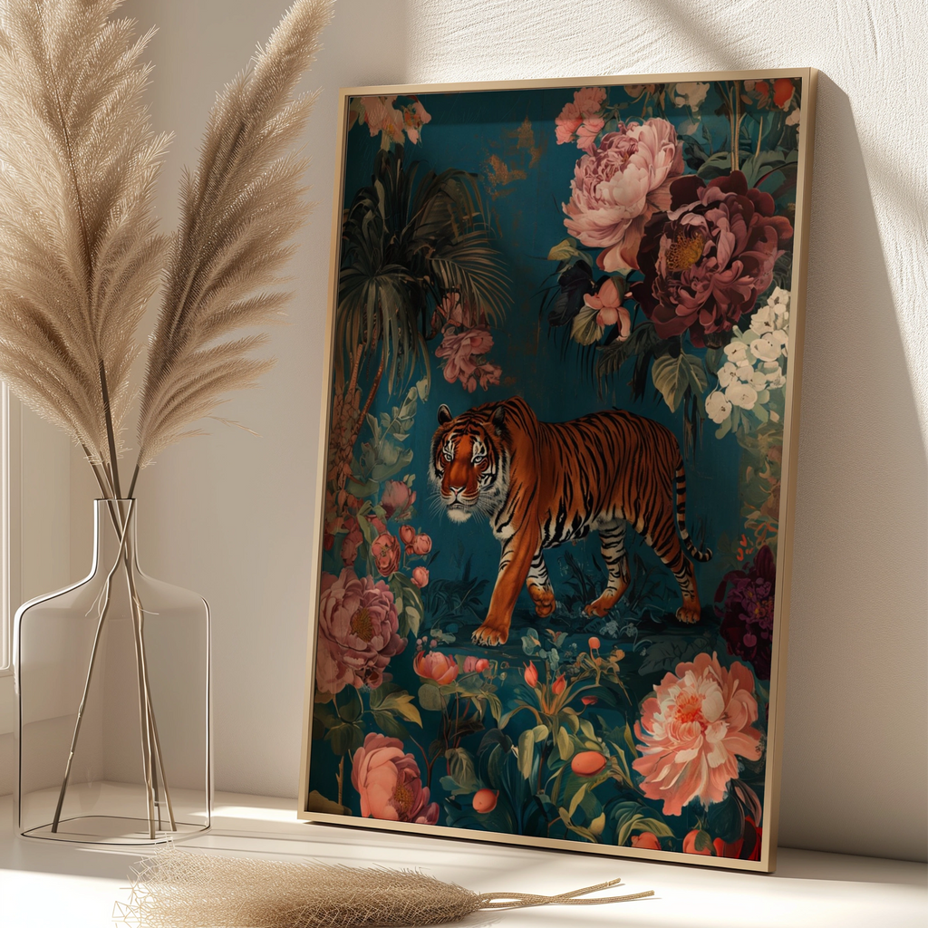 Tiger Botanical Wall Art, Maximalist Floral Tiger Poster, Teal Jungle Animal Print