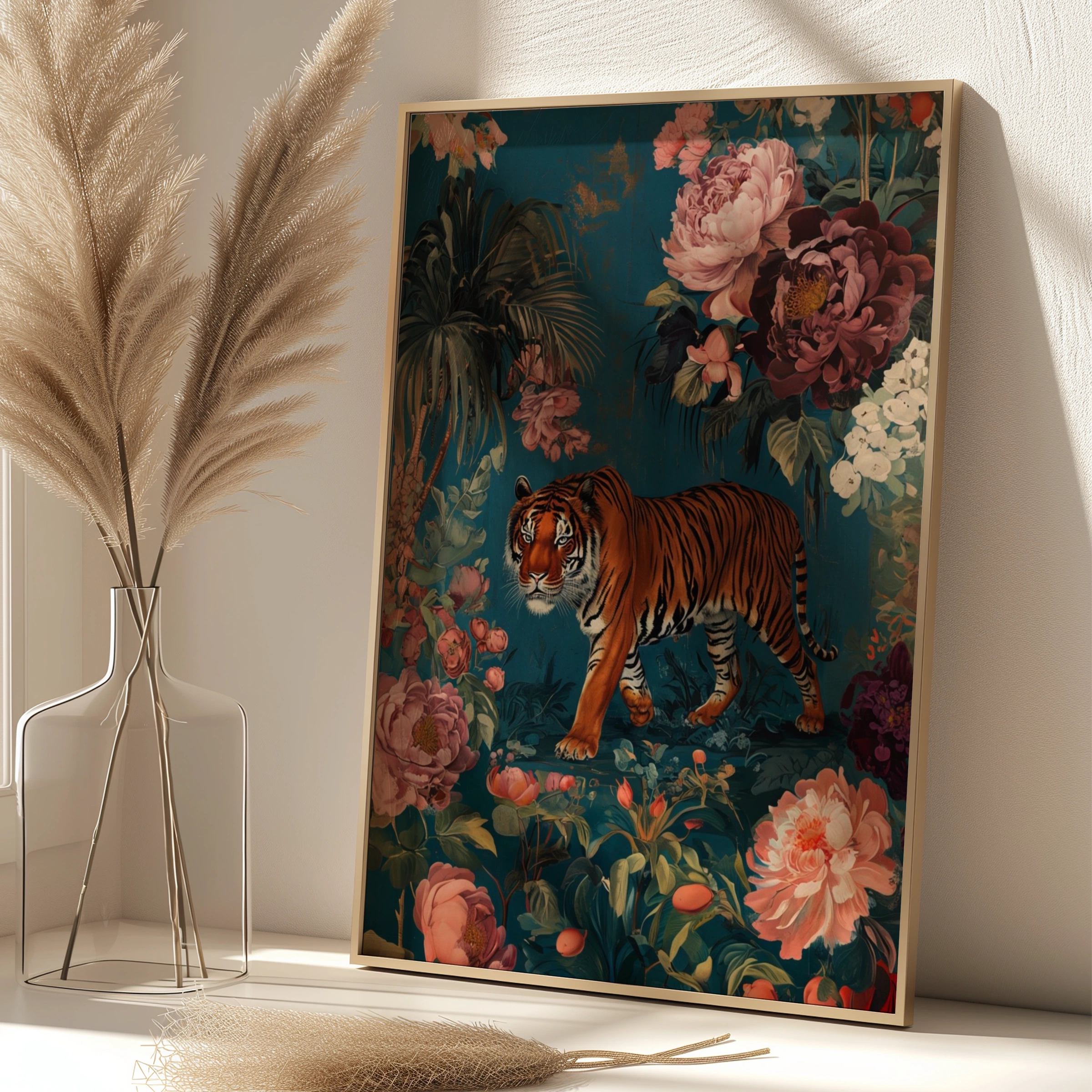 Tiger Botanical Wall Art, Maximalist Floral Tiger Poster, Teal Jungle Animal Print