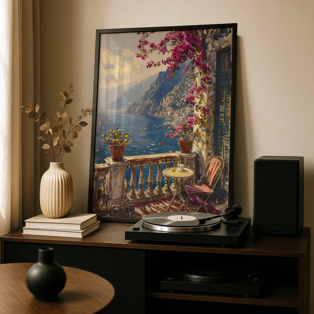 Amalfi Coast Balcony Poster, Bougainvillea Italy Wall Art, Mediterranean Sea Print