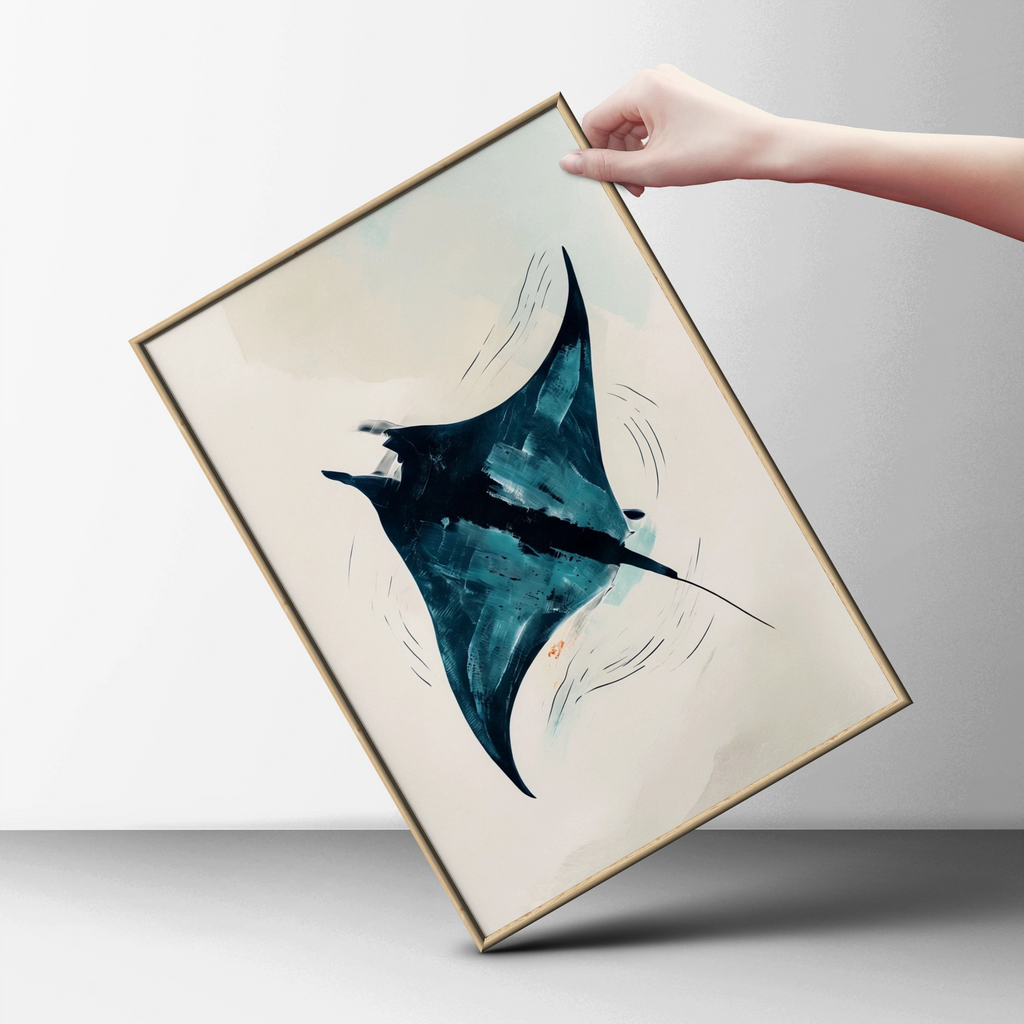 Abstract Manta Ray Poster, Ocean Wall Art, Teal Navy Blue Minimalist Print, Sea Life Decor
