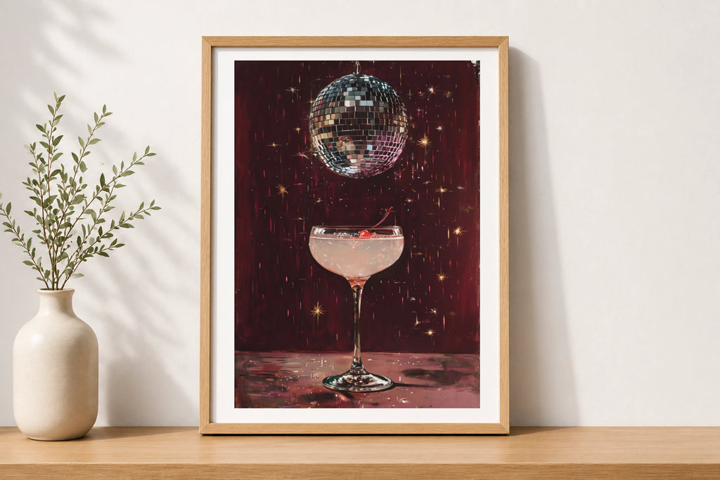 Disco Ball Cocktail Poster, Retro Bar Cart Wall Art, Dark Red Glam Print