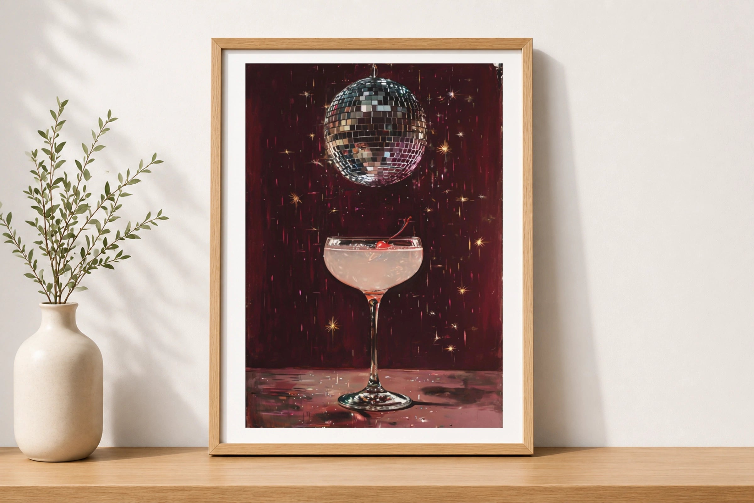 Disco Ball Cocktail Poster, Retro Bar Cart Wall Art, Dark Red Glam Print