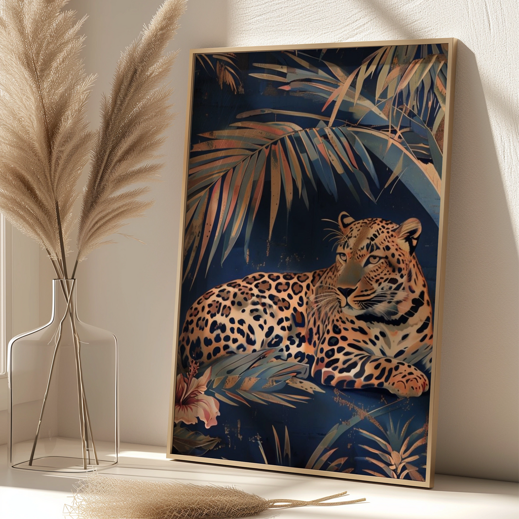 Tropical Leopard Palm Leaf Poster, Navy Blue Jungle Cat Wall Art, Botanical Animal Print