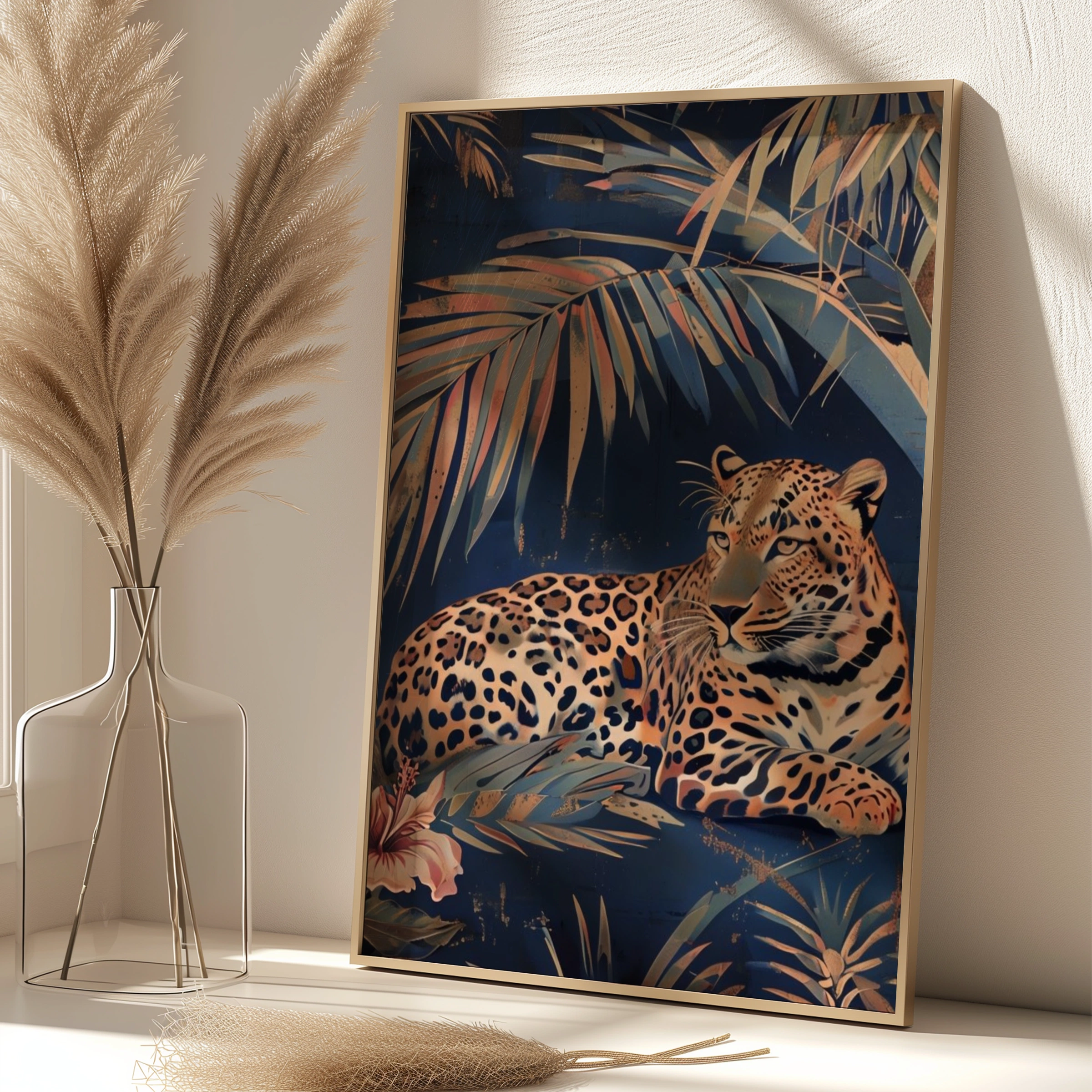 Tropical Leopard Palm Leaf Poster, Navy Blue Jungle Cat Wall Art, Botanical Animal Print