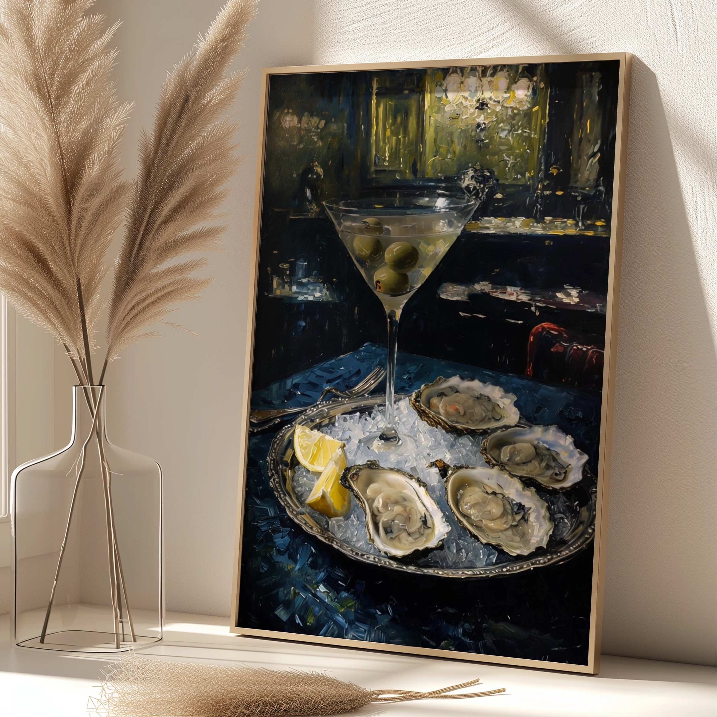 Martini Oysters Moody Still Life Poster, Dark Cocktail Bar Wall Art Print