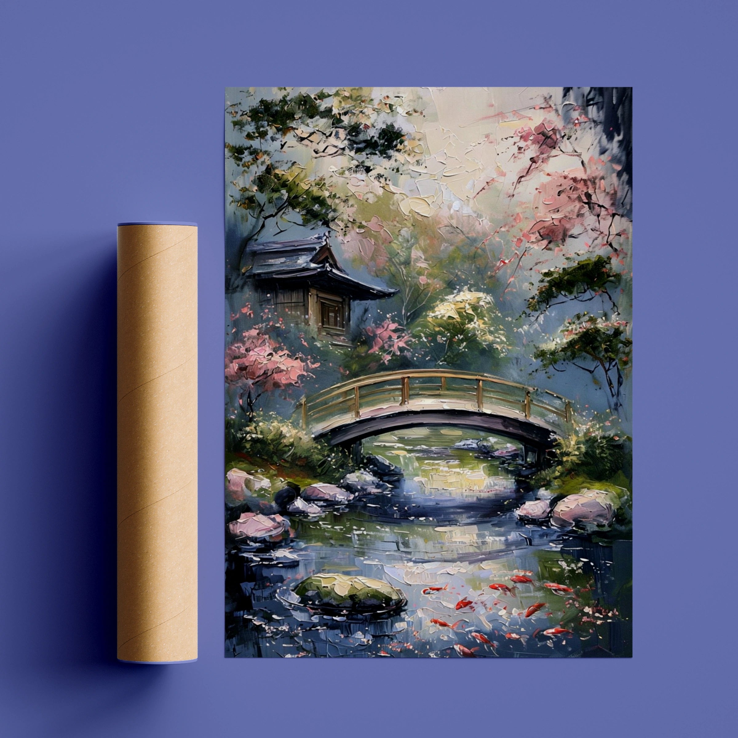 Japanese Garden Koi Pond Poster, Bridge Blossom Wall Art, Zen Nature Print