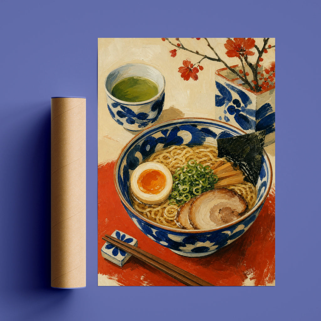 Japanese Ramen Bowl Poster, Green Tea Cherry Blossom Wall Art, Food Kitchen Print