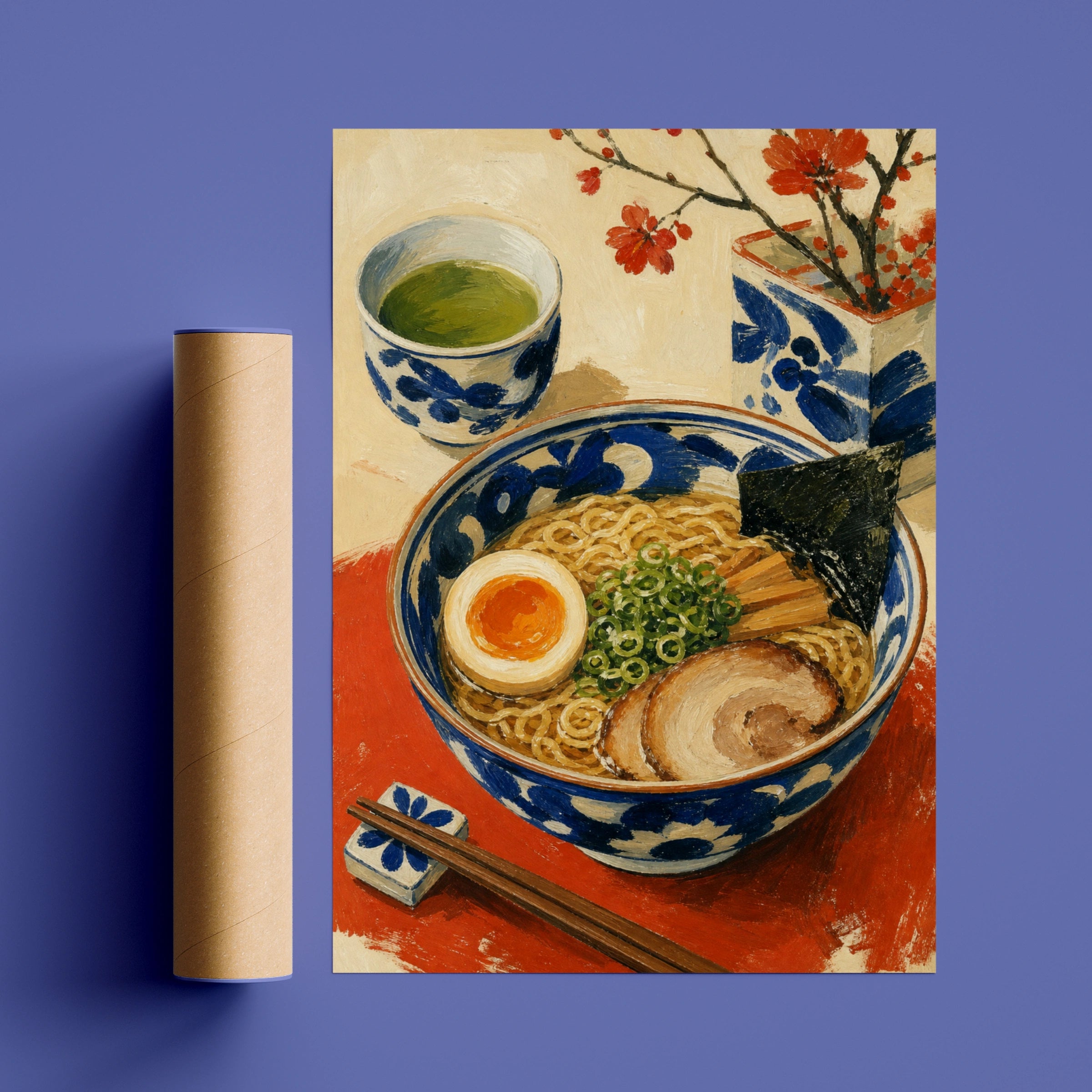 Japanese Ramen Bowl Poster, Green Tea Cherry Blossom Wall Art, Food Kitchen Print