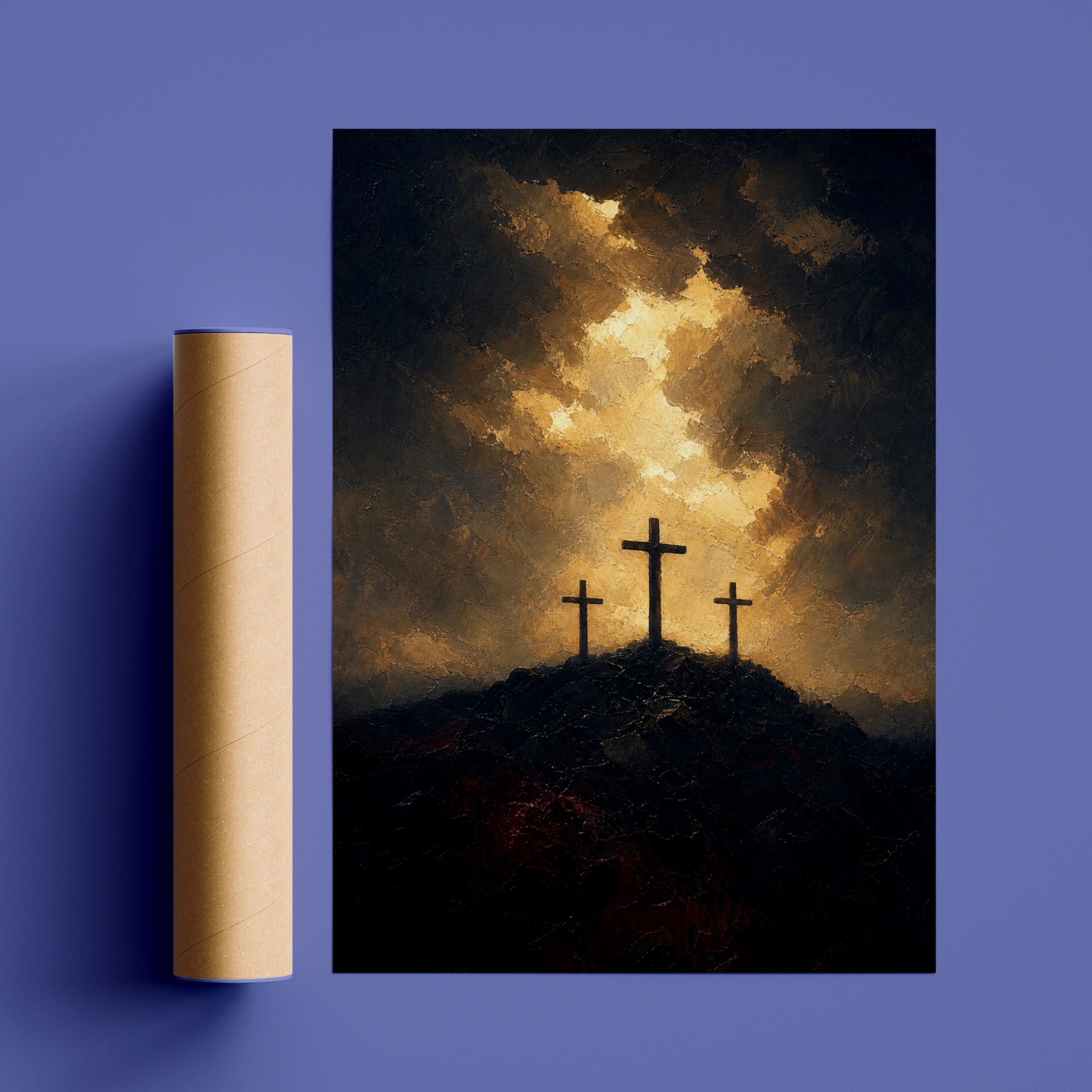 Three Crosses Calvary Wall Art, Crucifixion Poster, Christian Religious Print, Dark Dramatic Gold