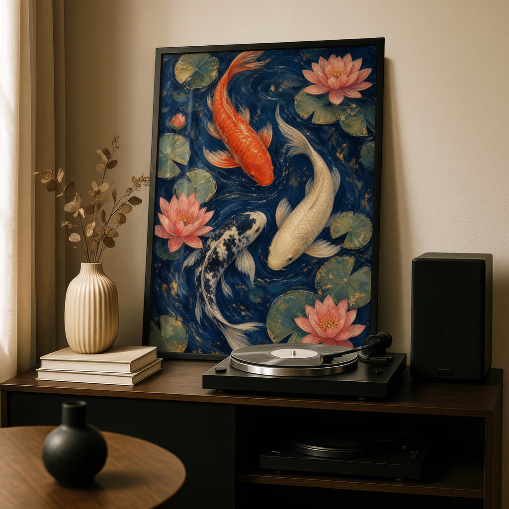Koi Fish Lotus Pond Poster, Japanese Wall Art, Navy Blue Floral Fish Print