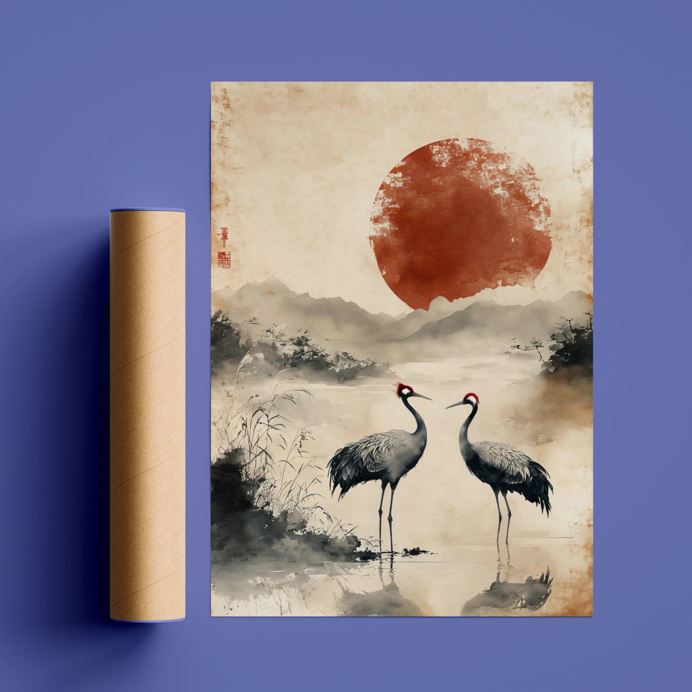 Japanese Crane Poster, Red Sun Wall Art, Ink Wash Bird Print, Zen Crane Decor