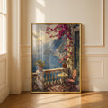 Amalfi Coast Balcony Poster, Bougainvillea Italy Wall Art, Mediterranean Sea Print
