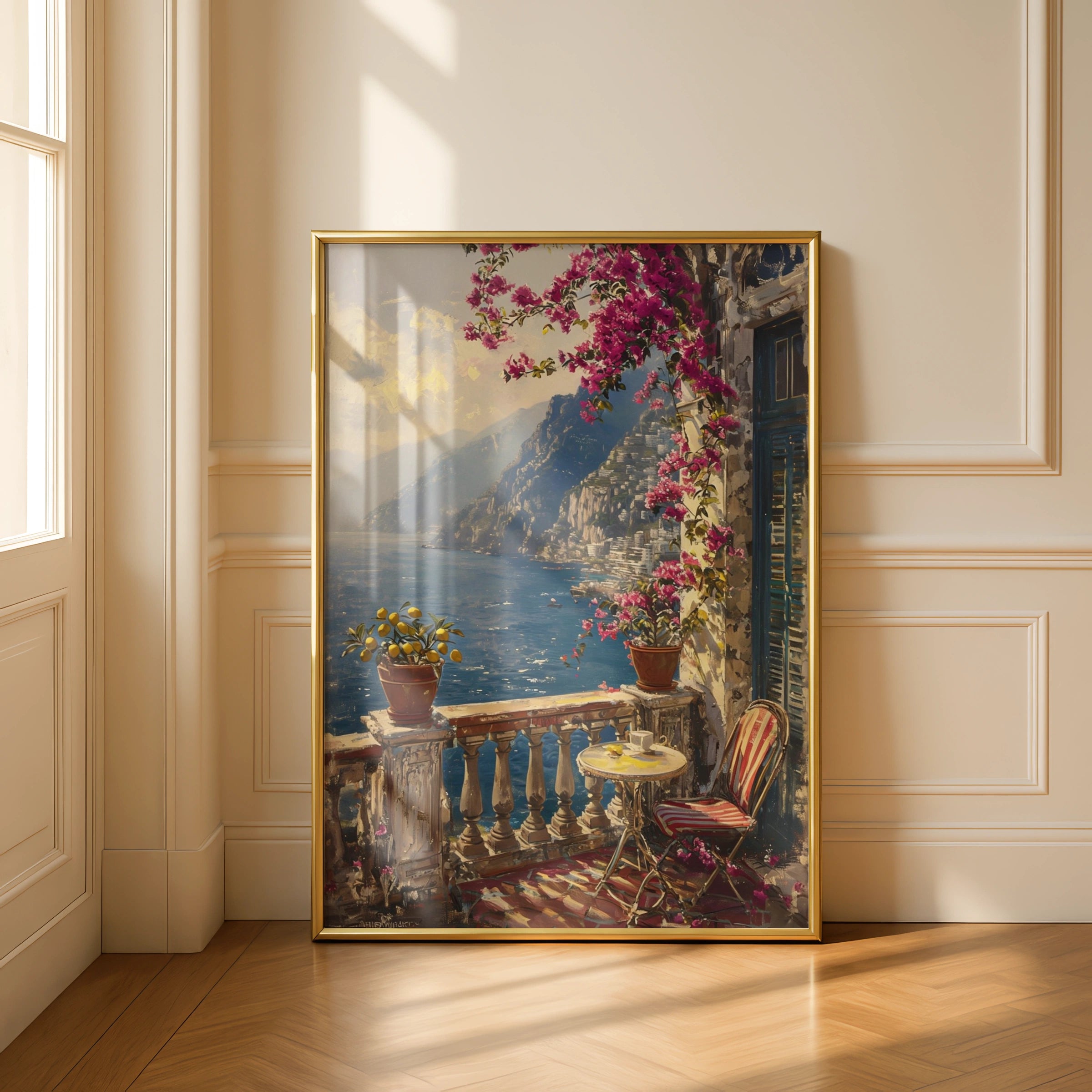Amalfi Coast Balcony Poster, Bougainvillea Italy Wall Art, Mediterranean Sea Print