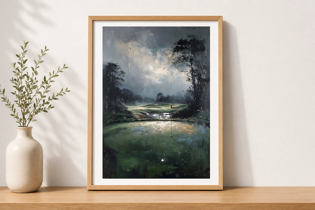 Stormy Golf Green Painting Poster, Moody Course Art Print, Dark Dramatic Wall Decor