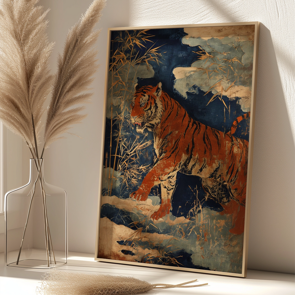 Bengal Tiger Bamboo Poster, Japanese Woodblock Style Animal Wall Art, Navy Gold