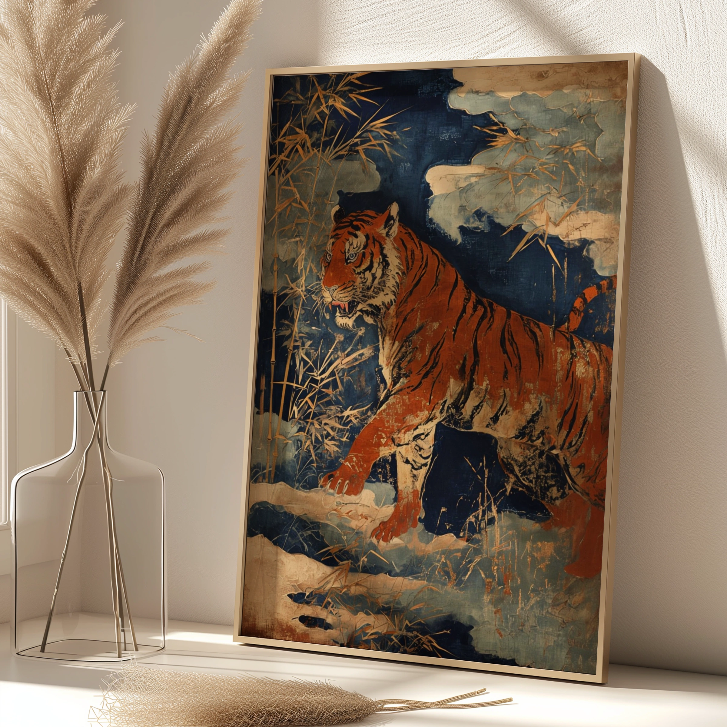 Bengal Tiger Bamboo Poster, Japanese Woodblock Style Animal Wall Art, Navy Gold