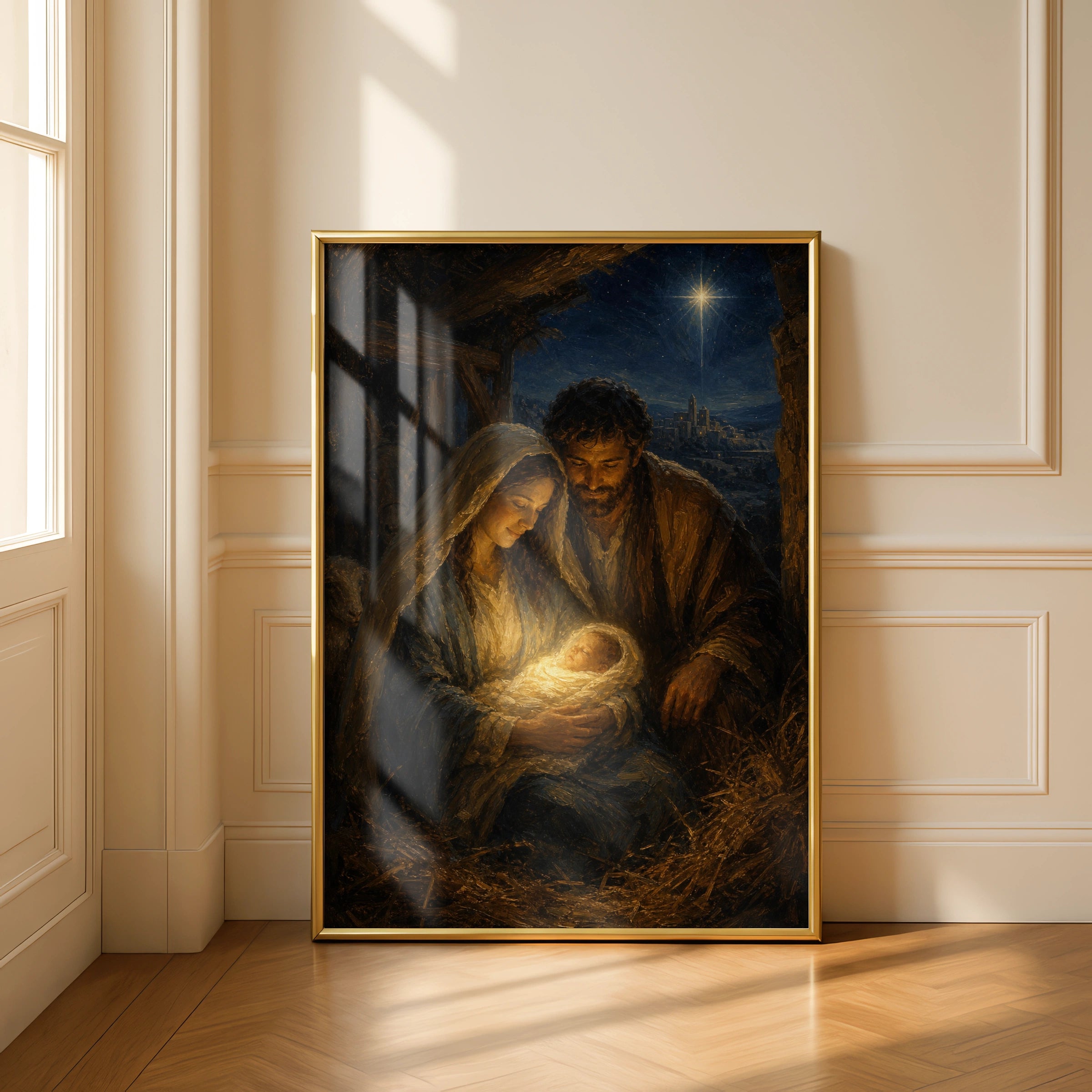 Nativity Scene Poster, Birth of Jesus Wall Art, Holy Family Christmas Print, Religious Christian