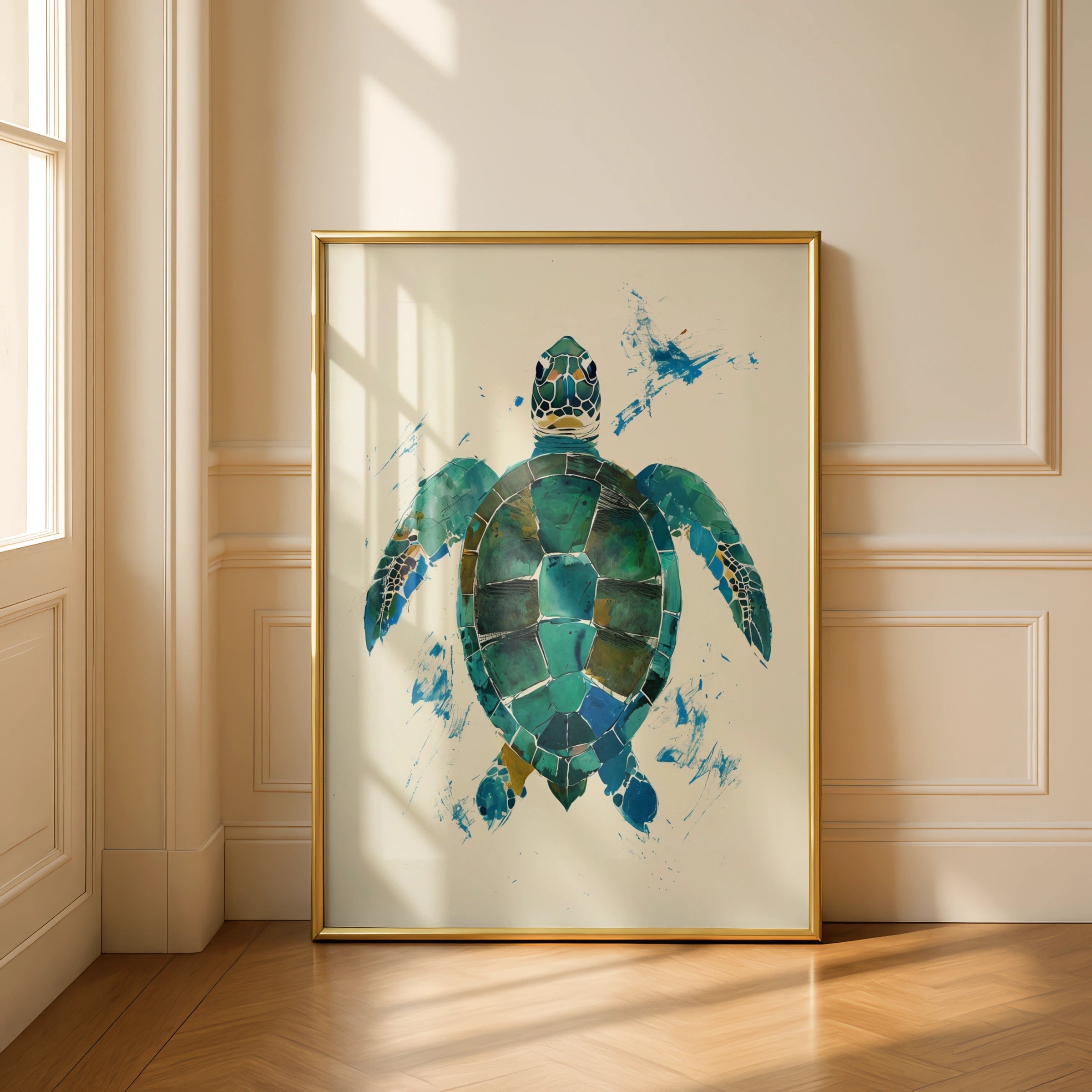 Abstract Sea Turtle Poster, Teal Green Ocean Animal Wall Art, Coastal Print