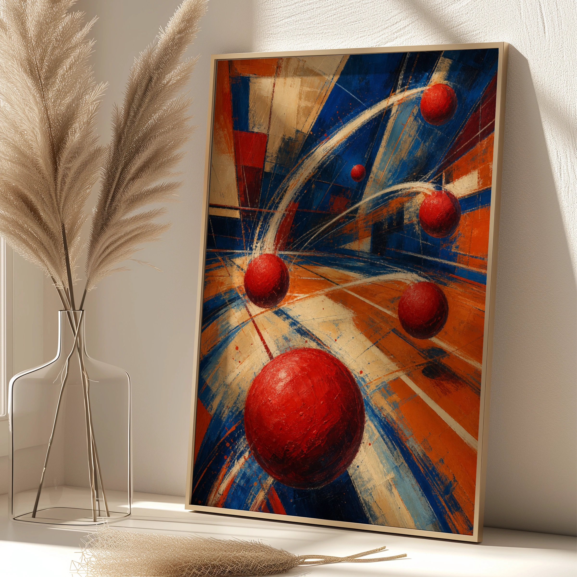 Dodgeball Abstract Art Poster, Dynamic Sports Wall Art, Red Blue Orange Print