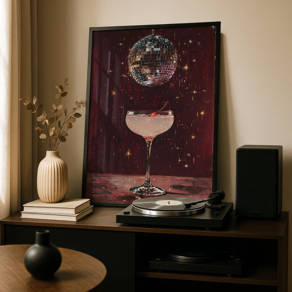 Disco Ball Cocktail Poster, Retro Bar Cart Wall Art, Dark Red Glam Print