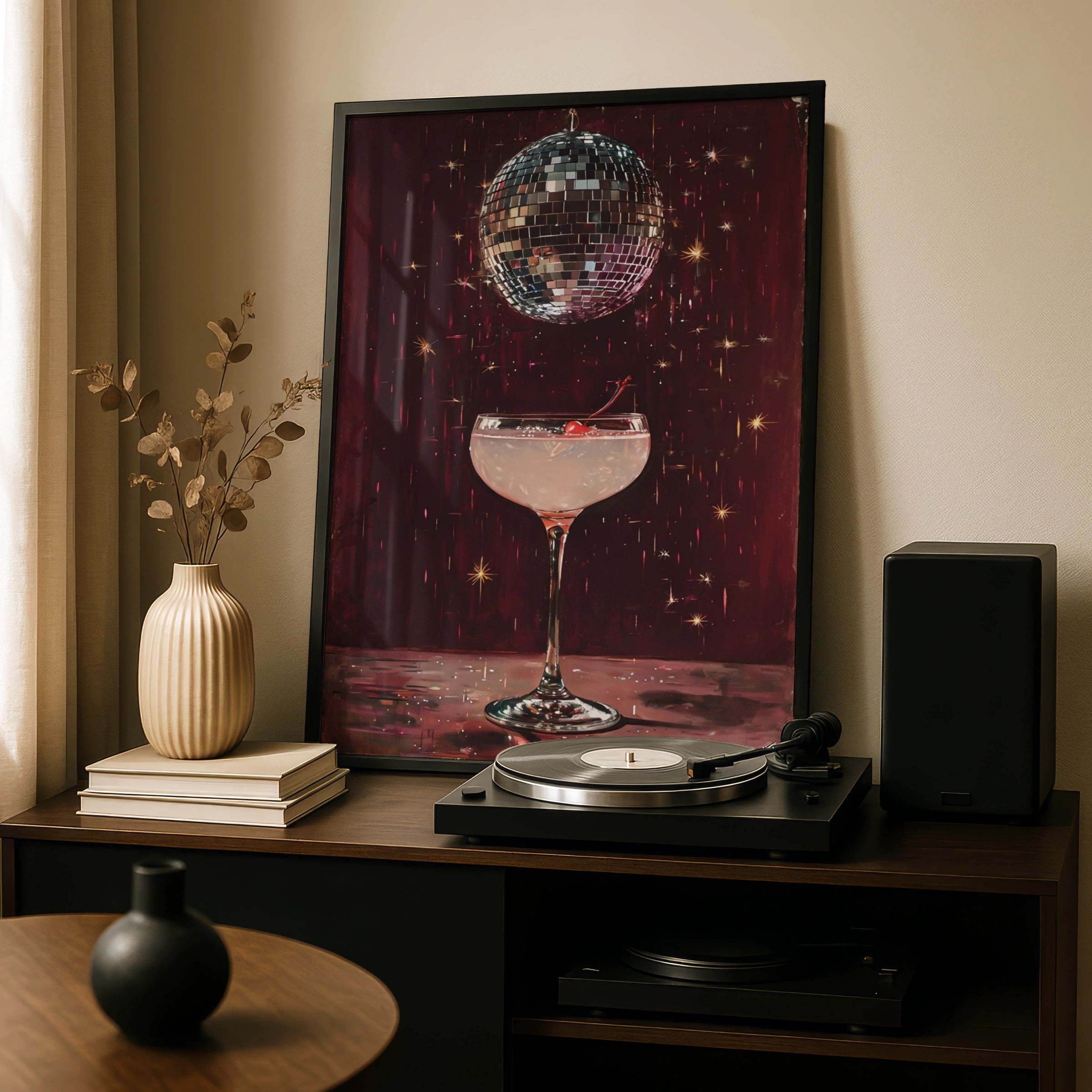 Disco Ball Cocktail Poster, Retro Bar Cart Wall Art, Dark Red Glam Print