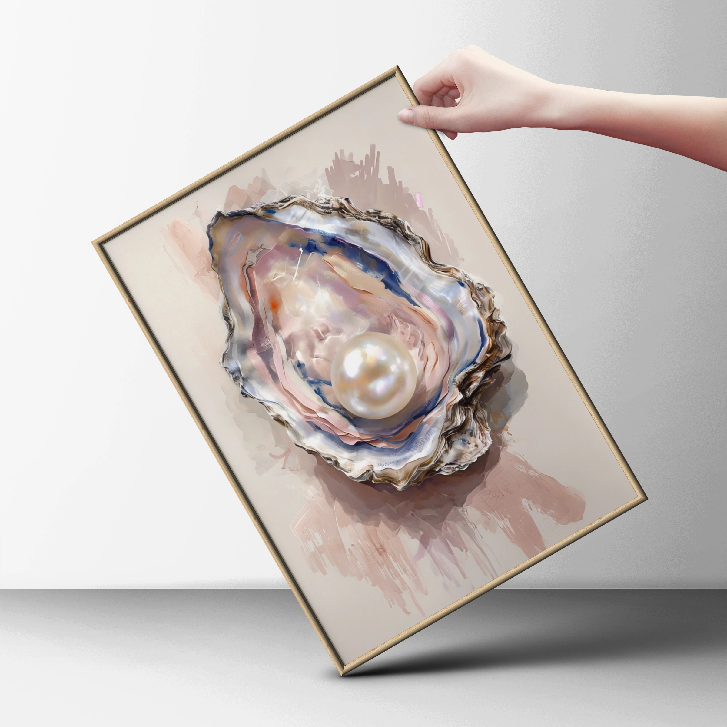 Oyster Pearl Poster, Coastal Wall Art, Blush Pink Navy Watercolour Shell Print, Ocean