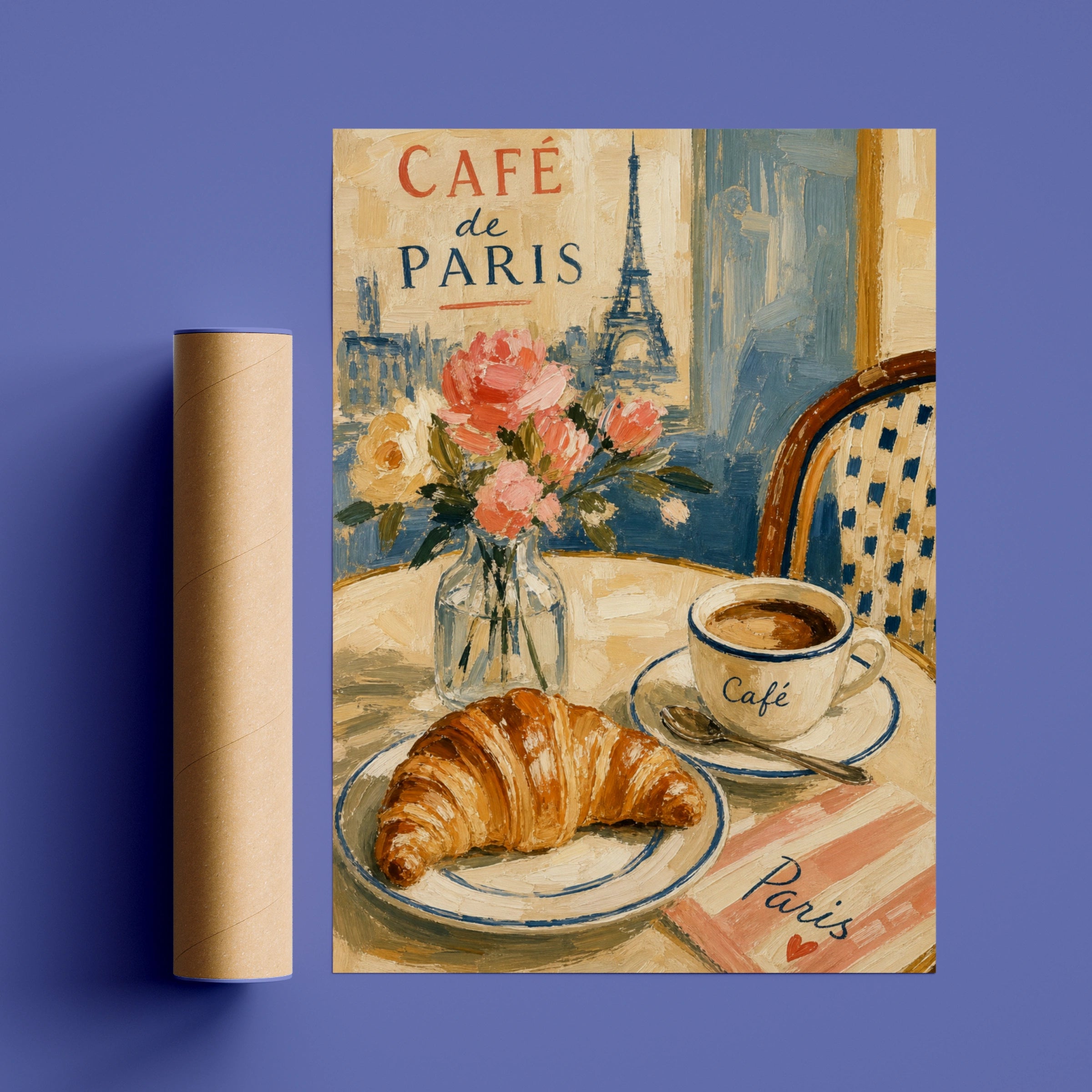 Paris Cafe Poster, Croissant Eiffel Tower Wall Art, French Bistro Print, Kitchen Decor