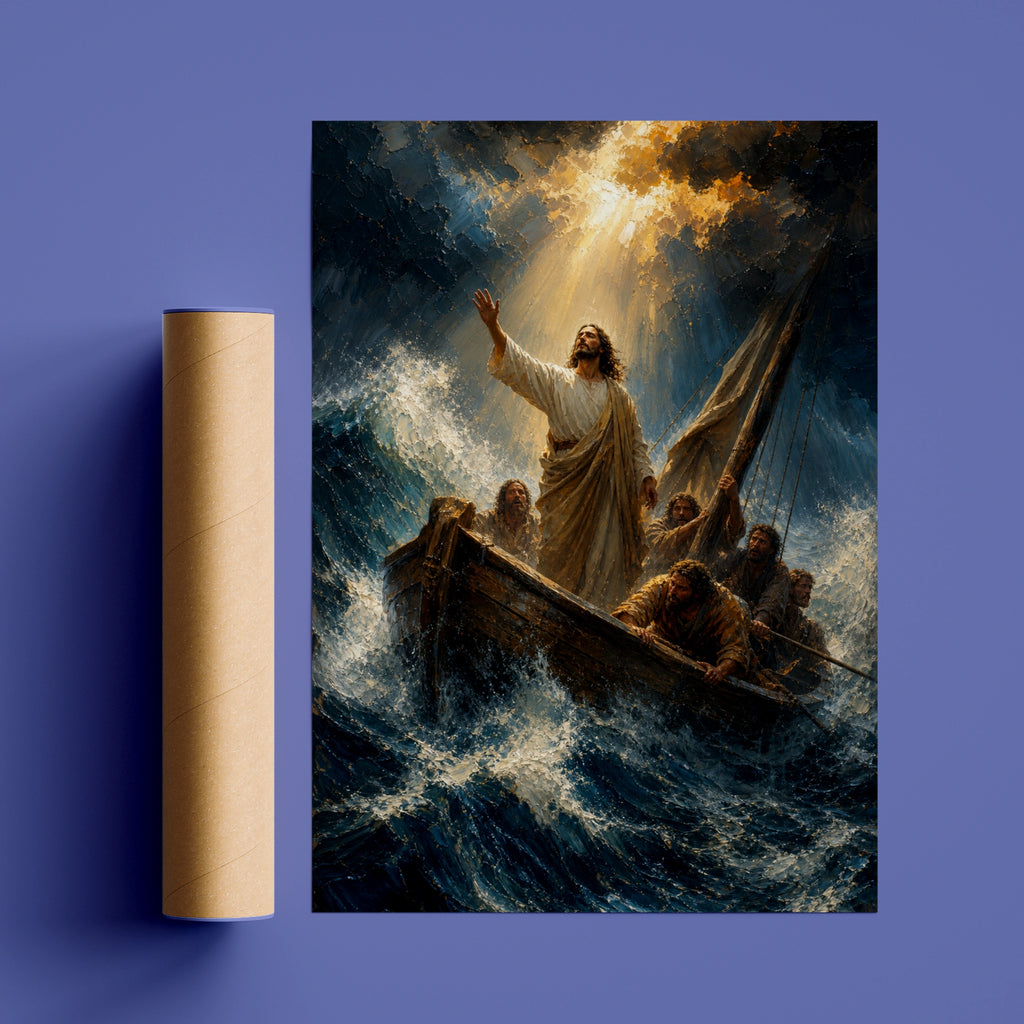 Jesus Calms the Storm Poster, Biblical Wall Art, Christian Faith Print, Miracle Sea