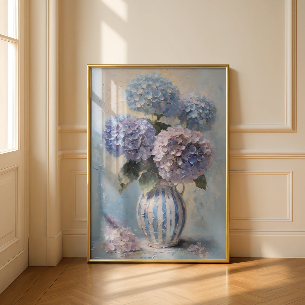 Pastel Hydrangea Floral Poster, Blue Purple Pink Bouquet, Striped Vase Wall Art
