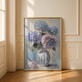 Pastel Hydrangea Floral Poster, Blue Purple Pink Bouquet, Striped Vase Wall Art