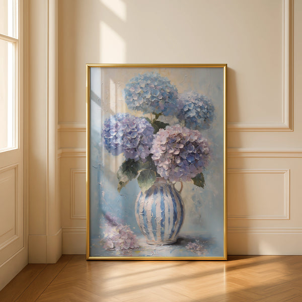 Pastel Hydrangea Floral Poster, Blue Purple Pink Bouquet, Striped Vase Wall Art