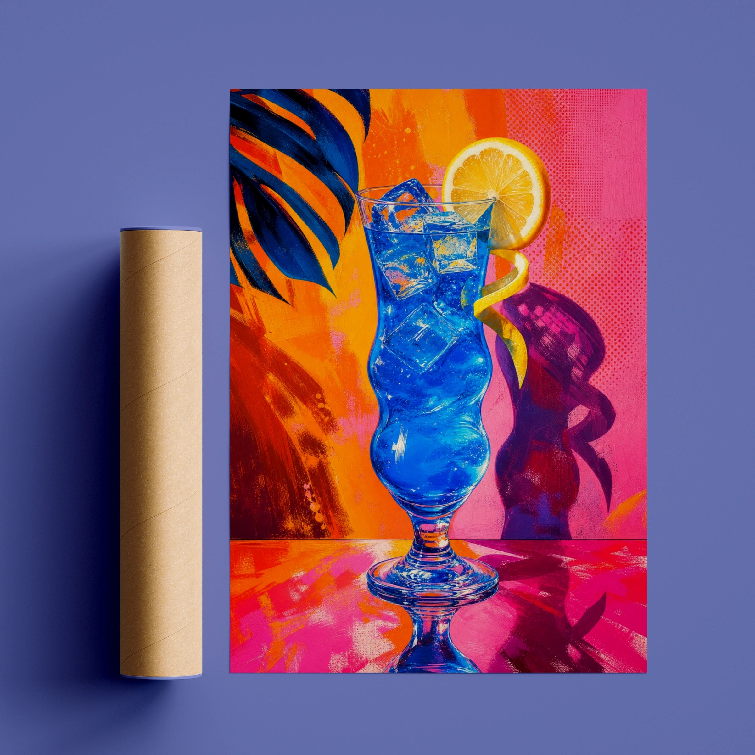 Electric Blue Cocktail Pop Art Poster, Retro Tropical Drink Wall Art, Bold Neon Bar Decor