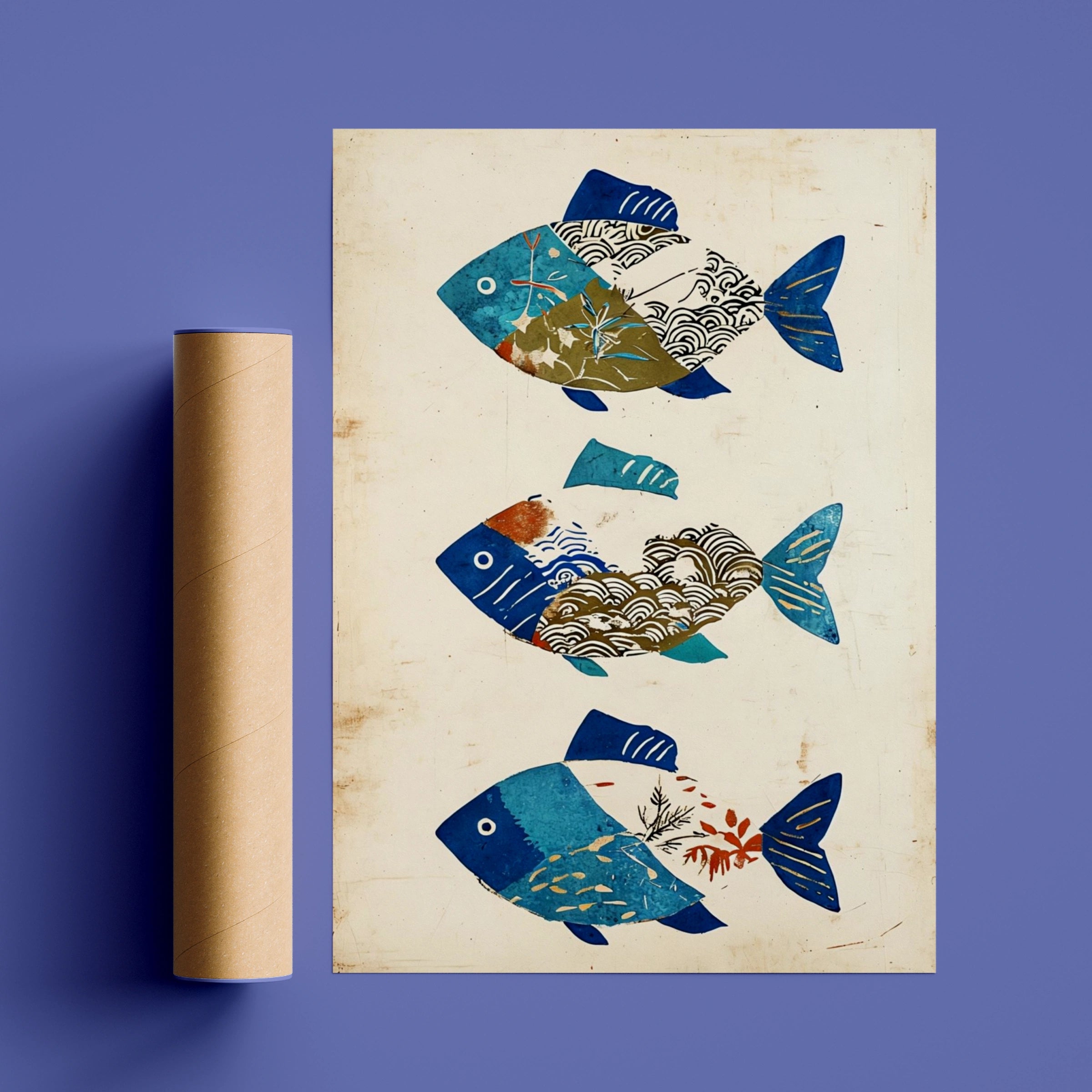 Japanese Pattern Fish Poster, Traditional Wave Art Print, Blue Botanical Wall Art