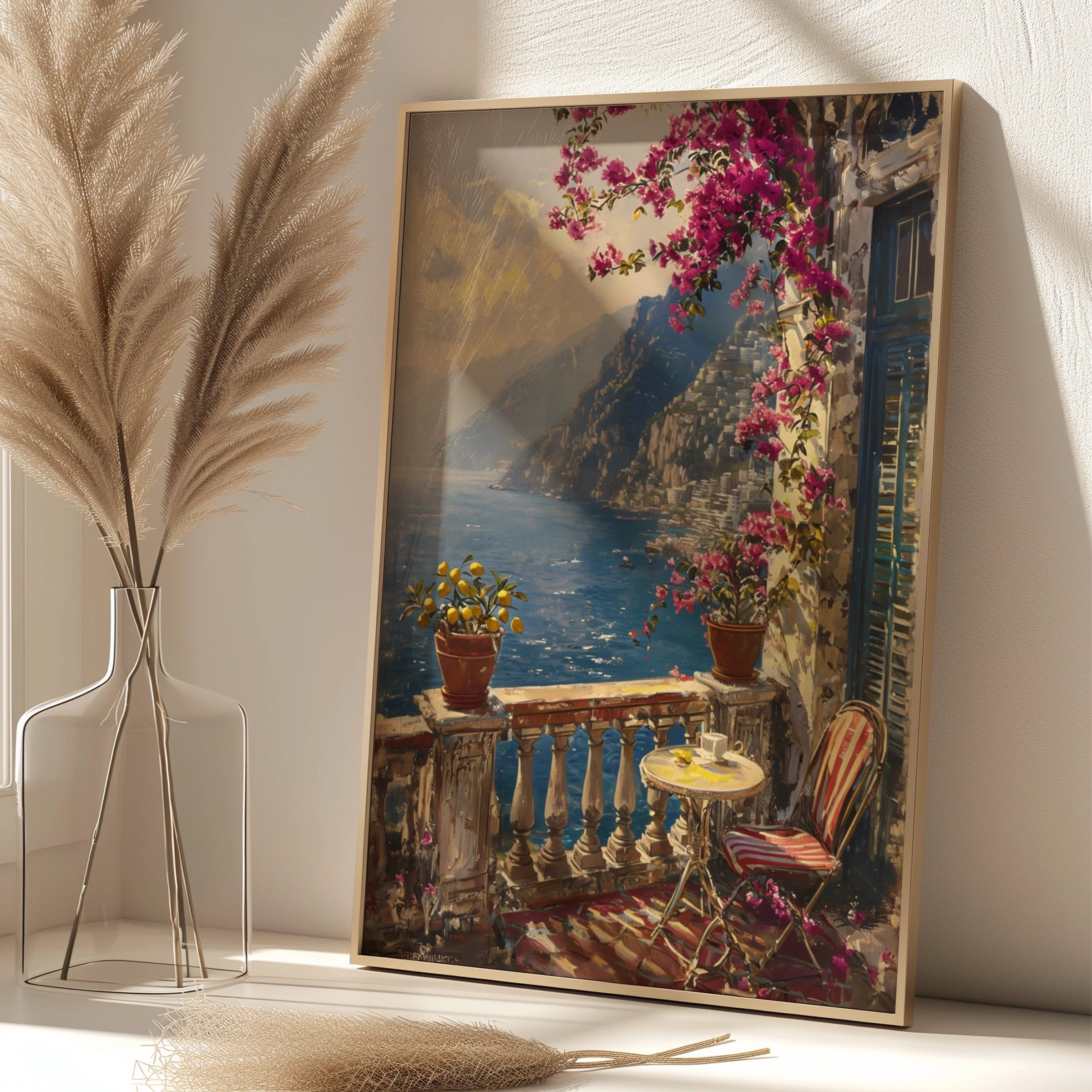 Amalfi Coast Balcony Poster, Bougainvillea Italy Wall Art, Mediterranean Sea Print