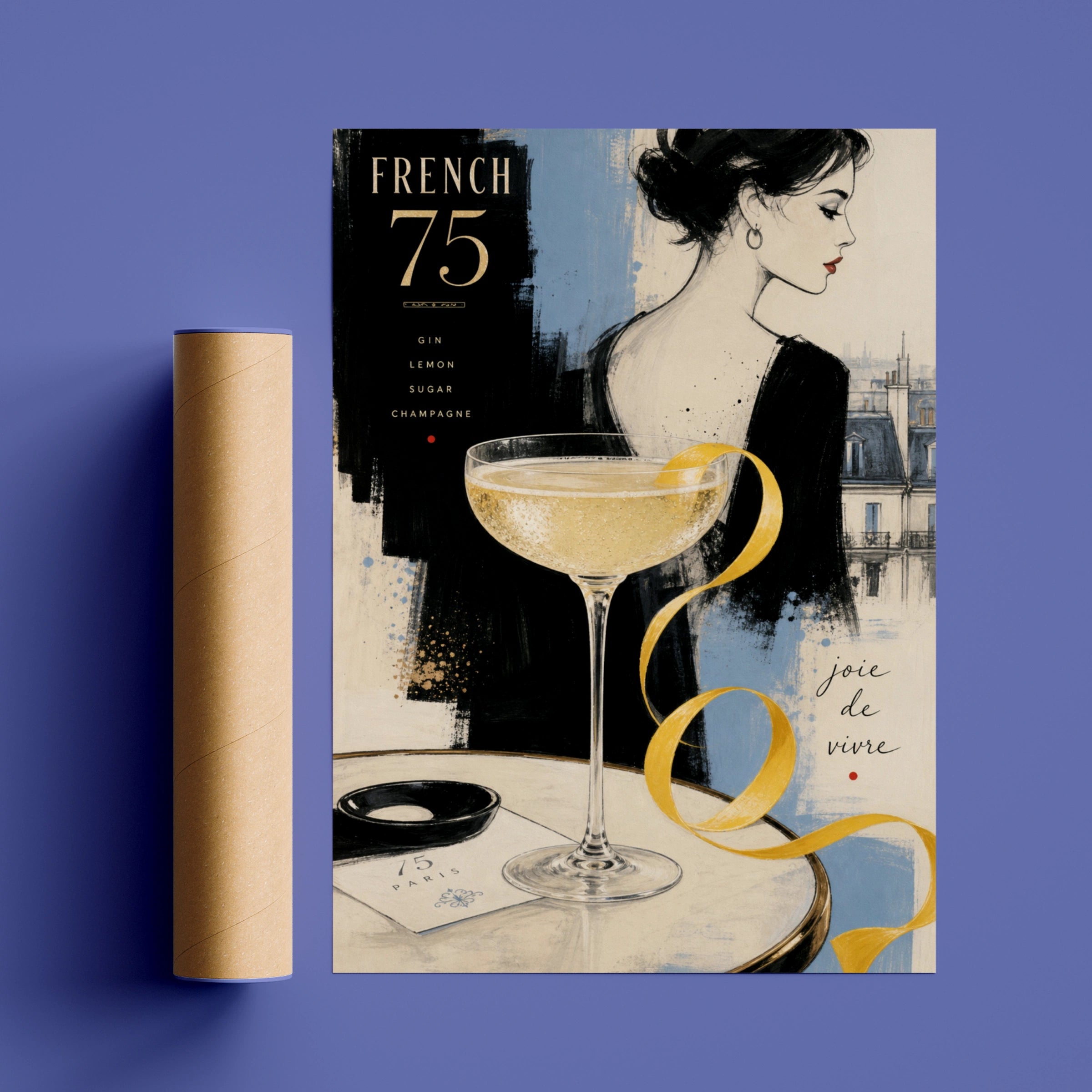 French 75 Cocktail Poster, Paris Bar Art Print, Chic Champagne Wall Art, Joie de Vivre