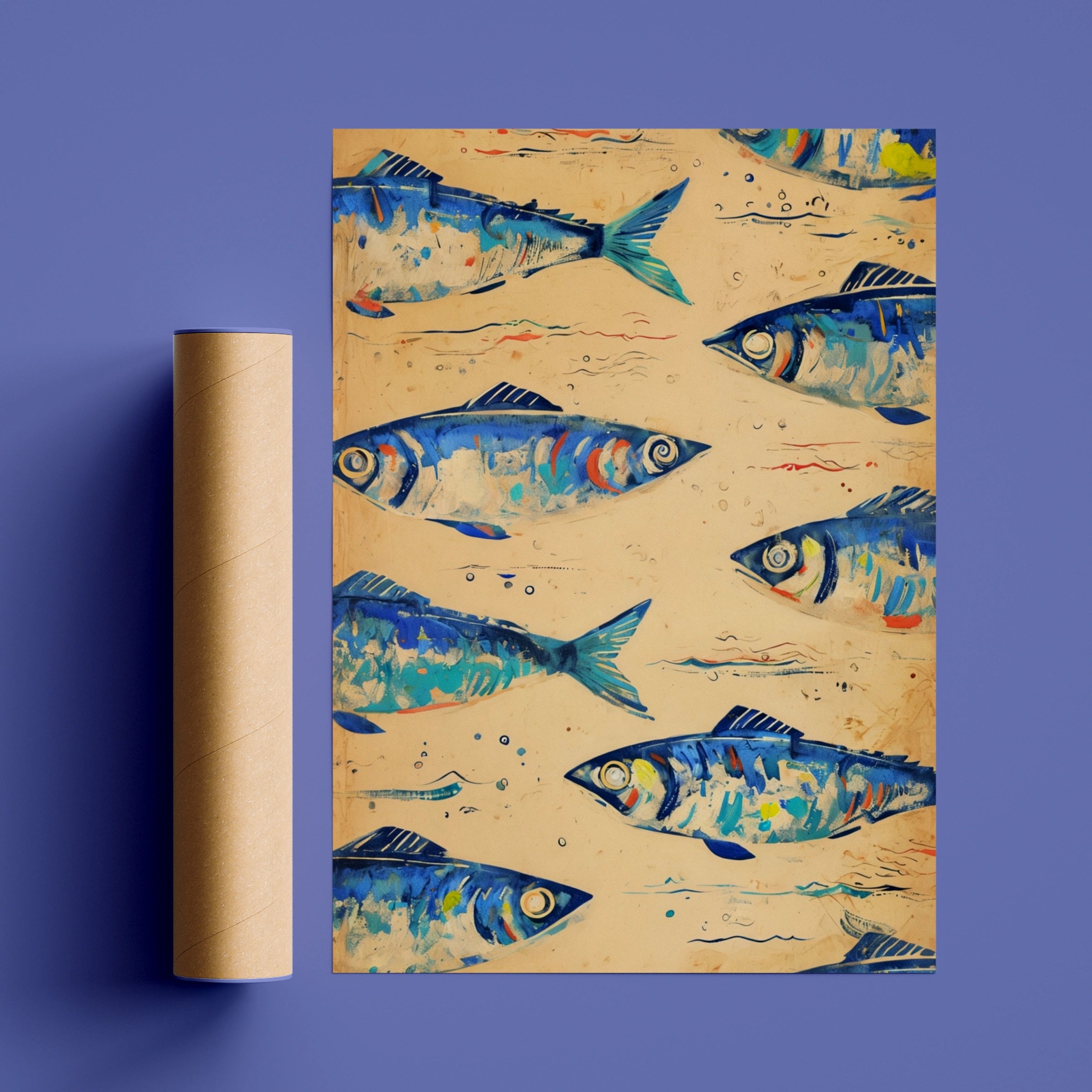 Blue Fish Pattern Poster, Colourful Sardine Wall Art, Nautical Kitchen Print, Coastal Decor