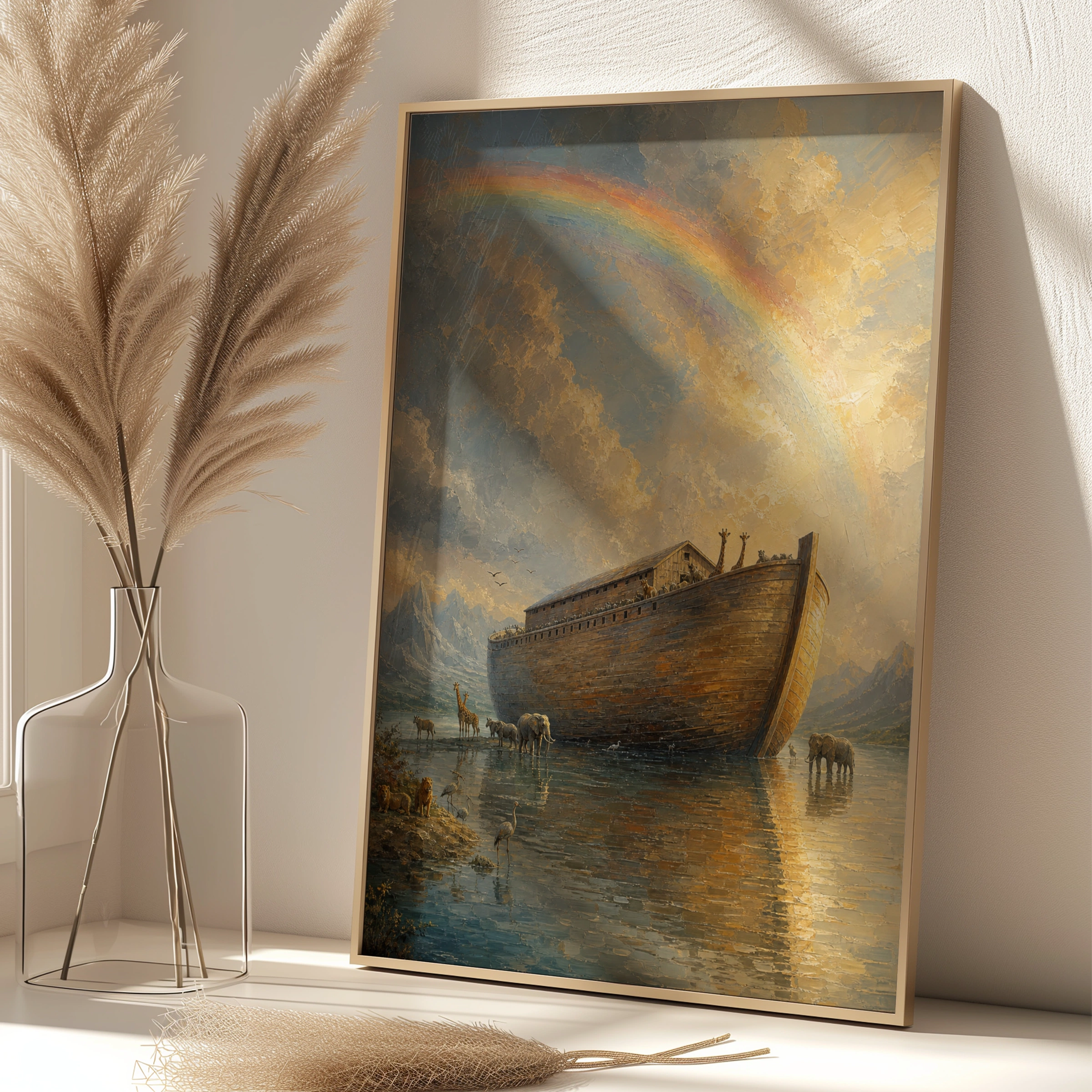 Noah's Ark Rainbow Poster, Biblical Wall Art, Christian Animals Print, Scripture Decor