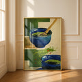 Matcha Tea Bowl Poster, Japanese Chawan Wall Art, Blue Green Kitchen Print