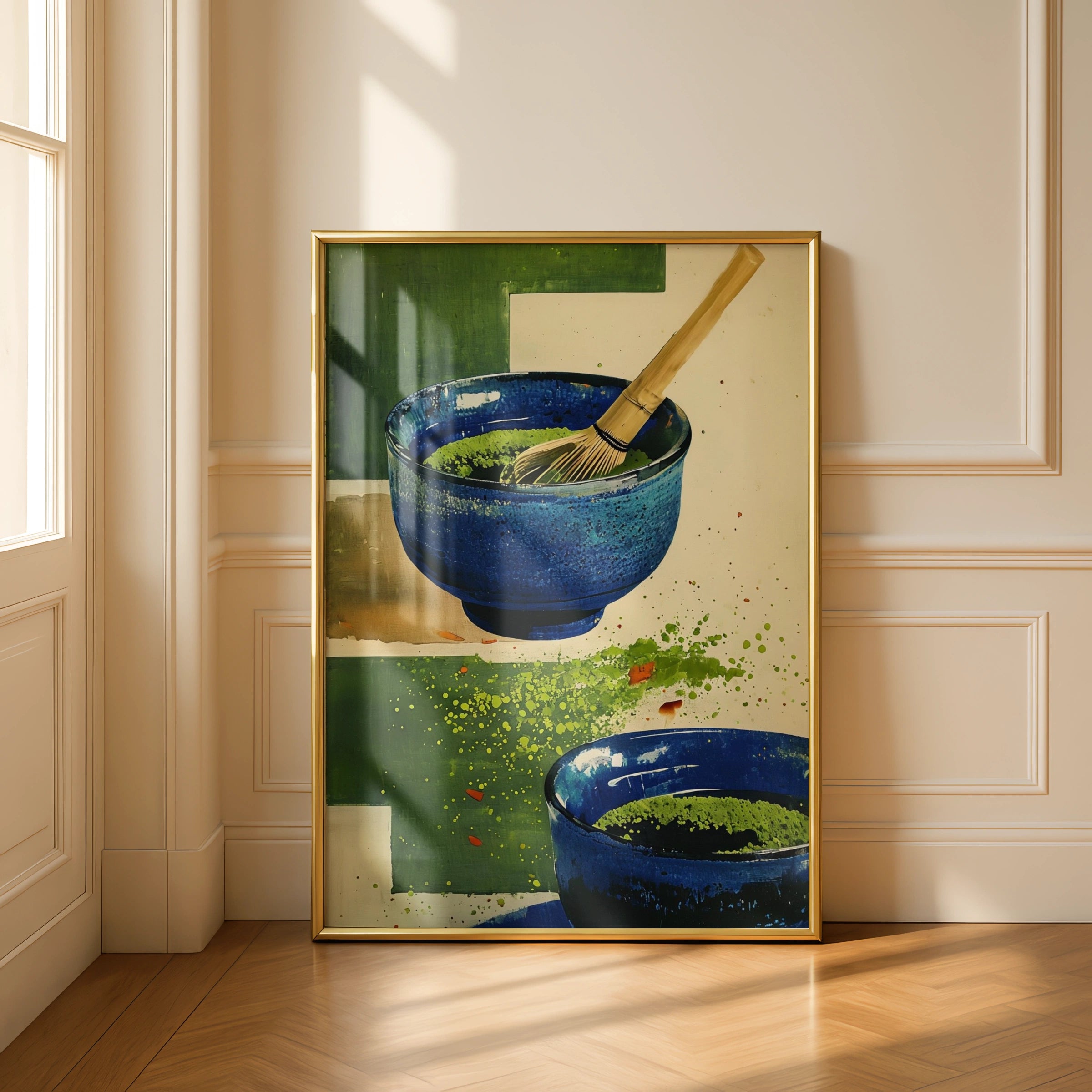 Matcha Tea Bowl Poster, Japanese Chawan Wall Art, Blue Green Kitchen Print