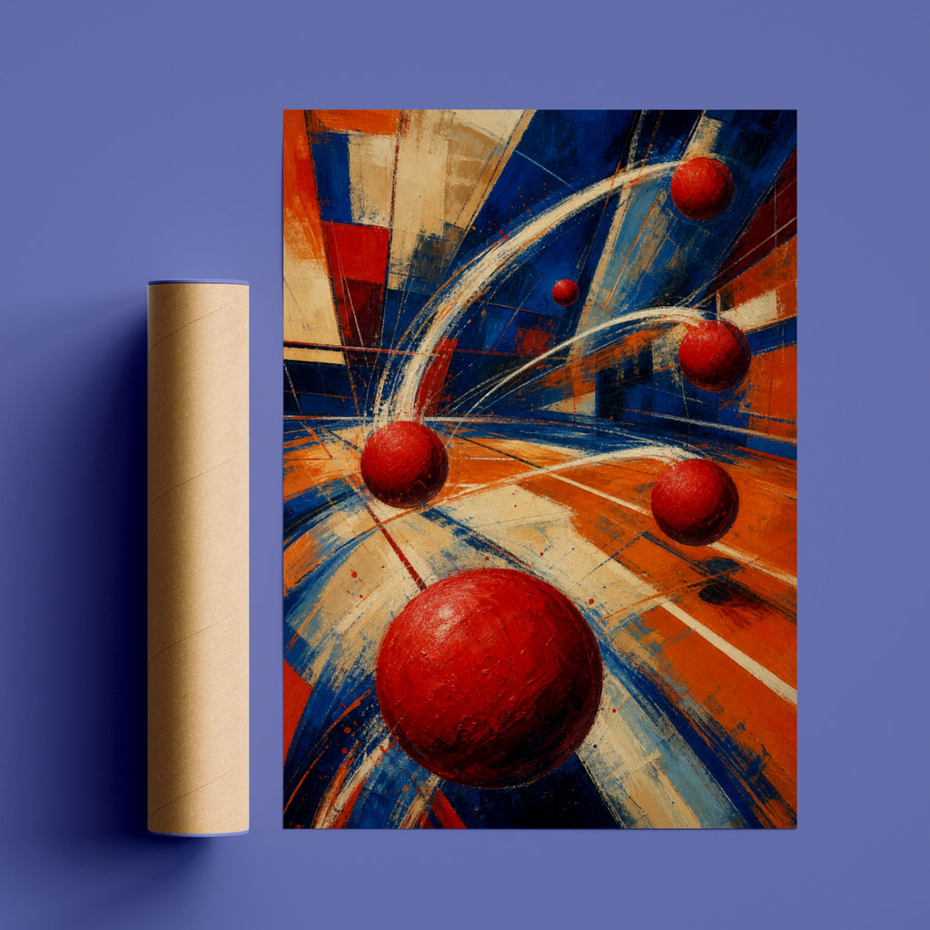 Dodgeball Abstract Art Poster, Dynamic Sports Wall Art, Red Blue Orange Print