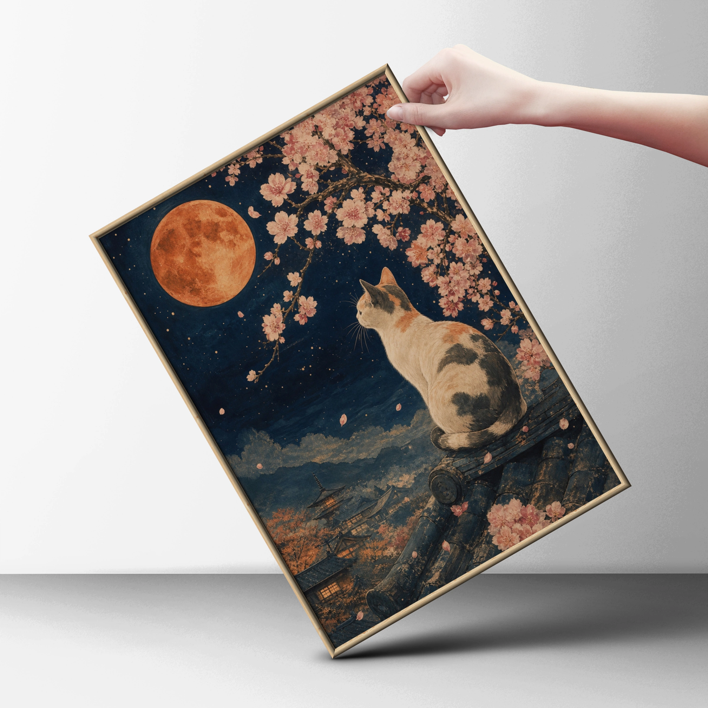 Japanese Cat Cherry Blossom Moon Poster, Calico Cat Wall Art, Ukiyo-e Style Print