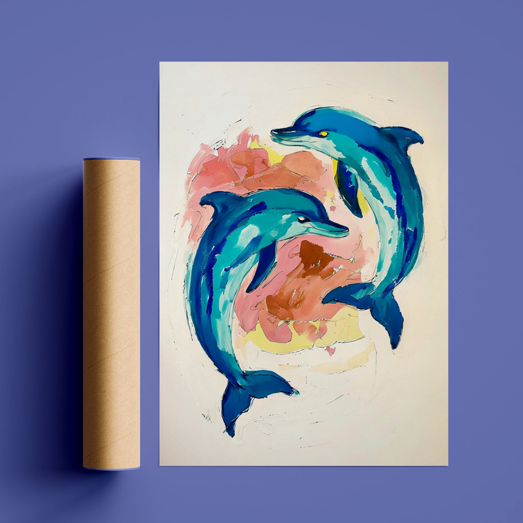 Dolphin Wall Art, Colourful Ocean Animal Poster, Teal Blue Painted Dolphins Print