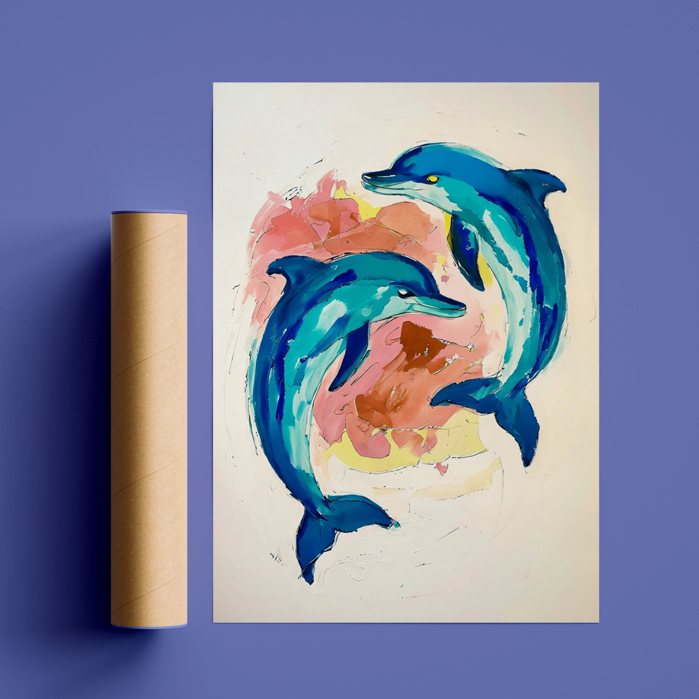 Dolphin Wall Art, Colourful Ocean Animal Poster, Teal Blue Painted Dolphins Print