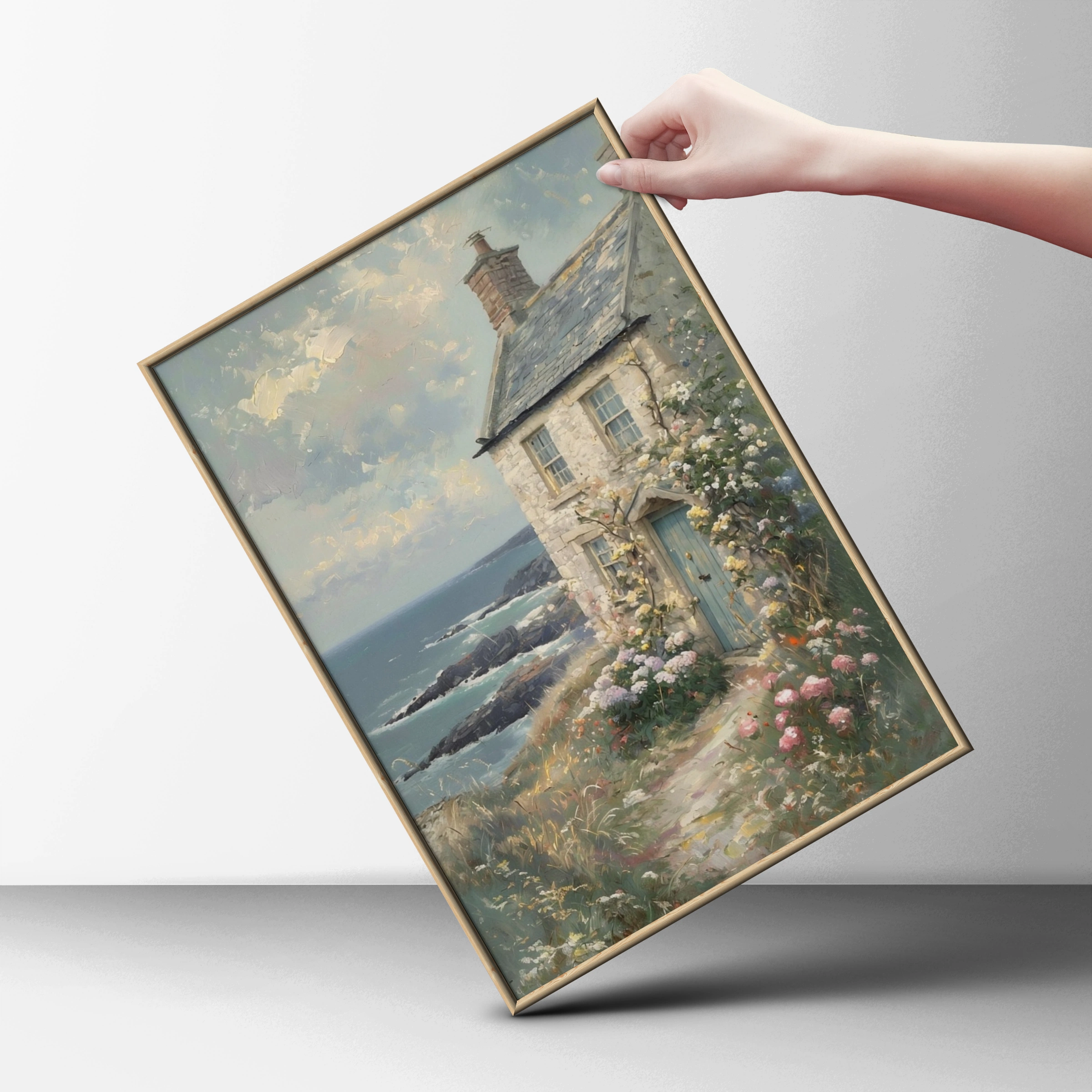 Coastal Cottage Garden Poster, Seaside Stone Cottage Wall Art, Floral Cliff Print