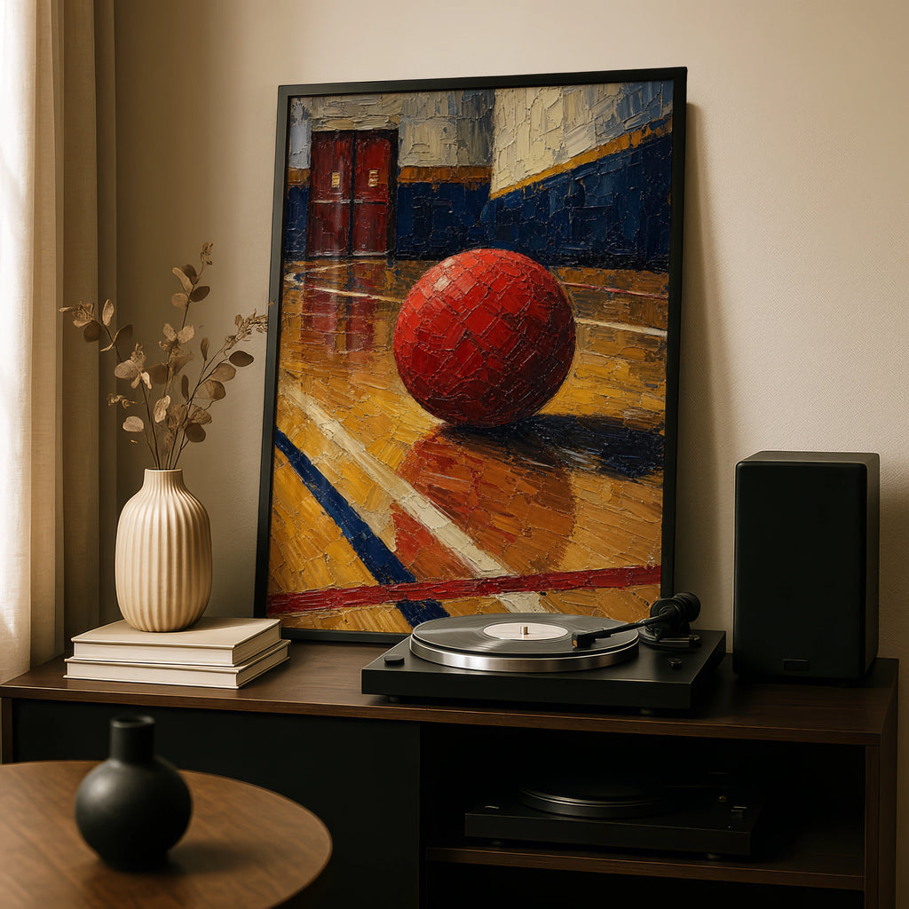 Dodgeball Gym Art Print, Red Ball School Gymnasium Poster, Impasto Style Sports Wall Art